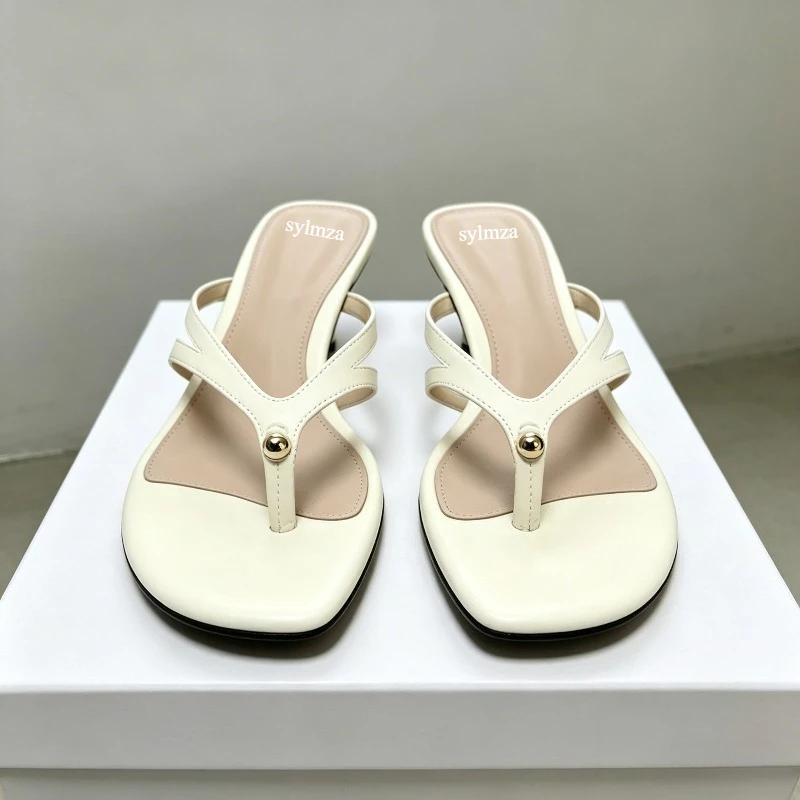 Metal Clip Toe Kitten Heel Flip Flops Women Summer 2026 Comfortable Beach Sandals Woman Slides Elegant Designer Women Slippers