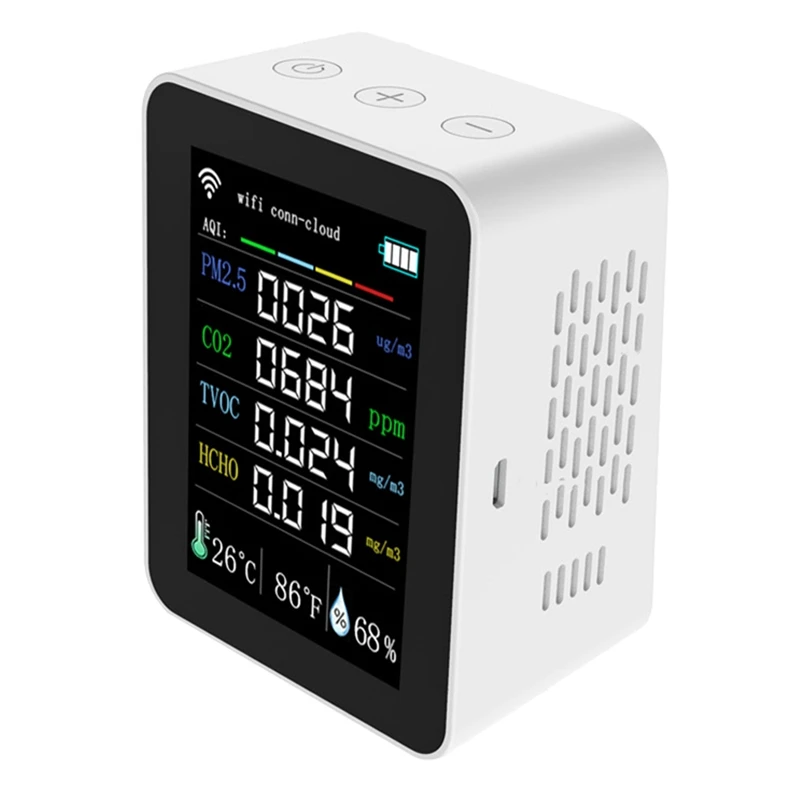 

Tuya 7 In 1 WIFI Air Quality Detector CO2 Tester PM2.5 TVOC CO2 CH2O Formaldehyde Monitor TFT Display Air Tester ,White