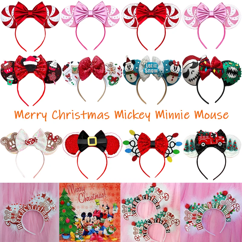 

Disney Merry Christmas Hair Accessories For Women Red Candy Cane Headbands Girl Mickey Ears Hairband Kids DIY Xmas Headwear Gift