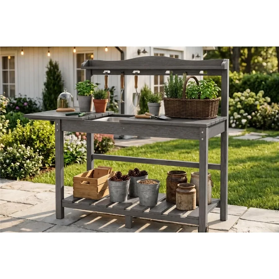 All-Weather HDPE Outdoor Potting Bench with Removable Sink, Expandable Gardening Work Station with Sliding Tabletop, Built-in W