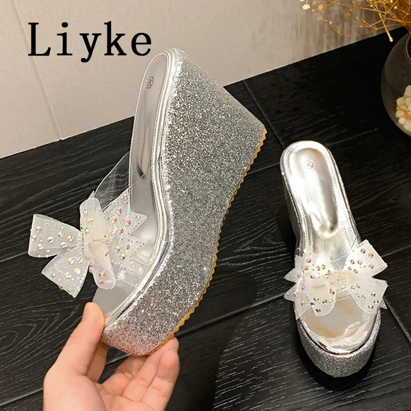 Liyke PVC Transparent For Women Golden Silver Sequined Platform Slippers Crystal Bowknot Ladies Sandals Wedge High Heels Slides