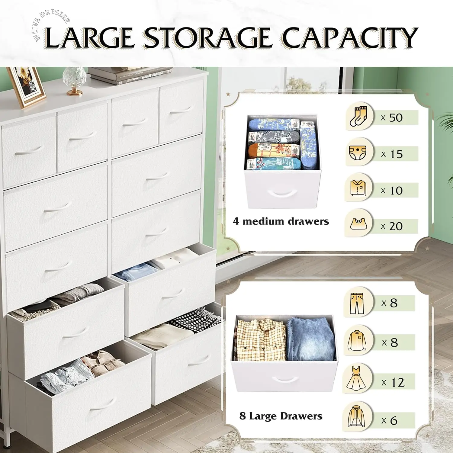 WLIVE Tall Dresser for Bedroom with 12 Drawers, Dressers & Chests of Drawers, Fabric Dresser for Bedroom, Closet, Fabric Storage