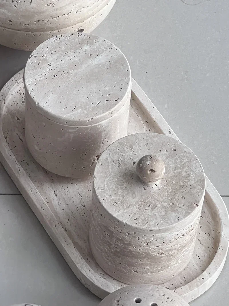Wabi-sabi Beige Travertine Natural Marble Stone Sundries Storage Tank Candle Jars with lid bathroom accessory Home decoration