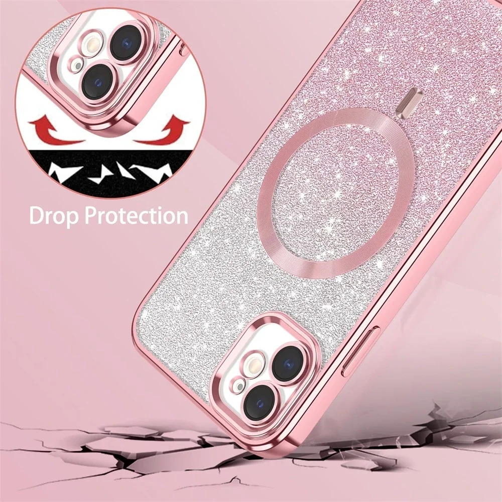 Luxury Shiny Case For iPhone 16 15 14 13 12 11 ProMax Plus Shockproof Soft Bumper Magsafe Stylish Magnetic Wireless Charge Cover