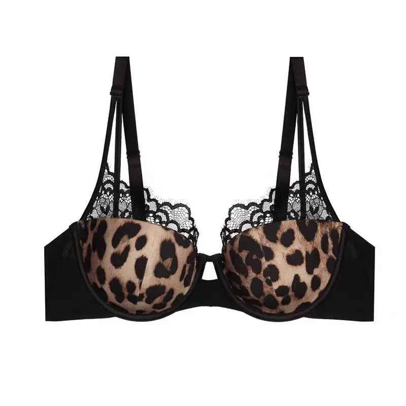 New Arrival Delicate Soft Underwire Leopard Print Thin Cup Underwear Set Push Up Anti Sagging Side Fat Control Comfort Bralette