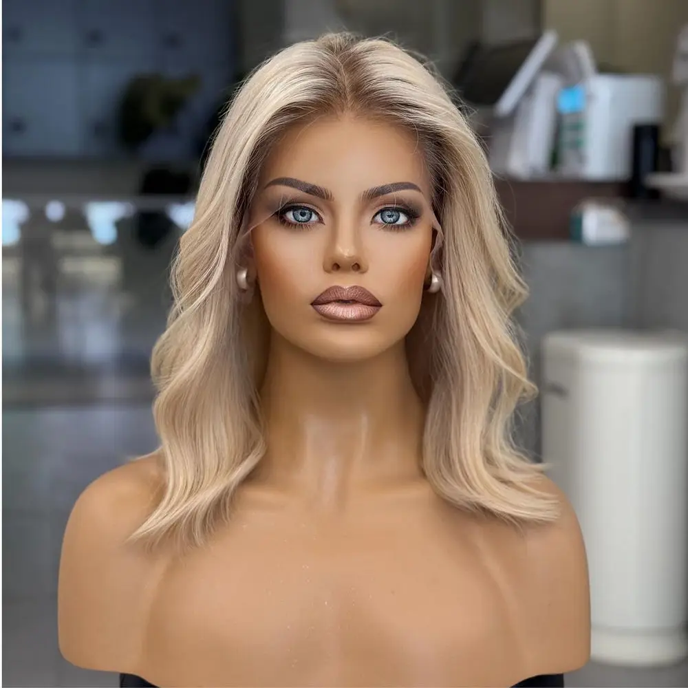 

Fashion Shoulder 13x4 Ombre Ash Blonde Synthetic HD Lace Front Wig Party Cosplay Daily Wig Pre Plucked Hairline Brunette Fibre