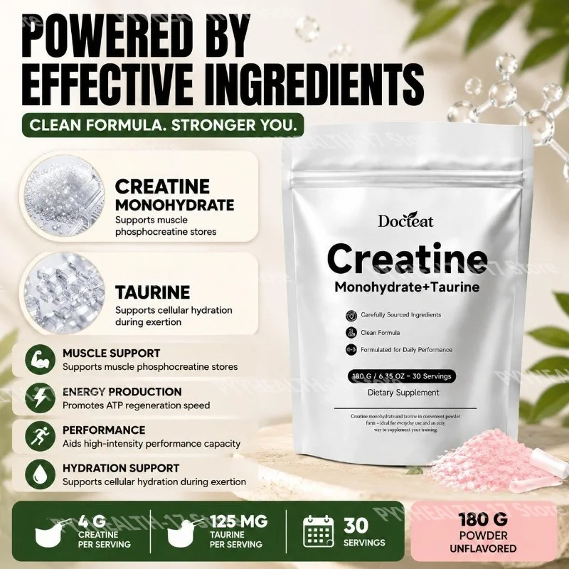 Docteat Creatine Monohydrate+Taurine Powder for ATP Regeneration Speed and Phosphocreatine Store Support 30 Servings 180 G