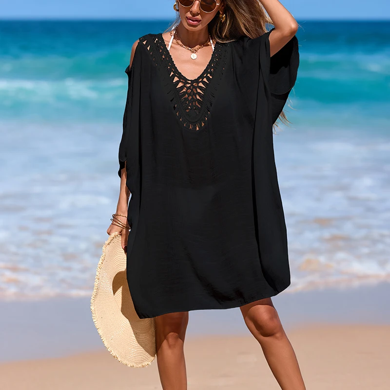 Abito allacciato allentato in tinta unita Vacanza al mare Copricostume trasparente casual per bikini Grembiule da bagno solare da donna