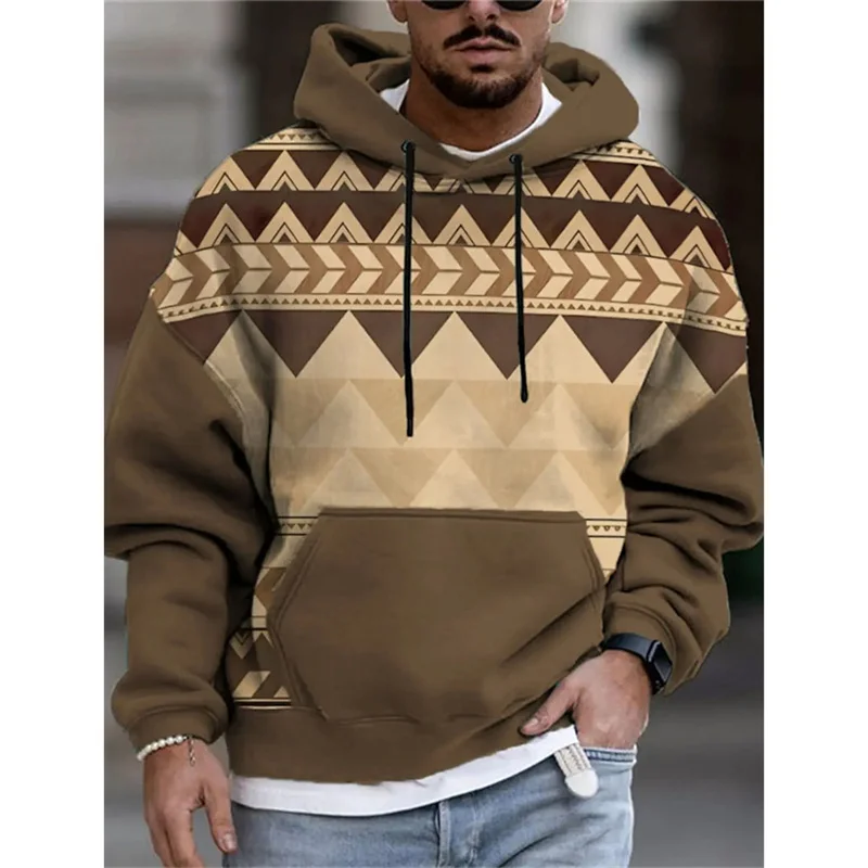 

3D Printed Color Block Hooded Sweatshirts For Men Retro Geometry Pattern Pullovers Autumn Casual Oversized Hoodies Long Sleeves