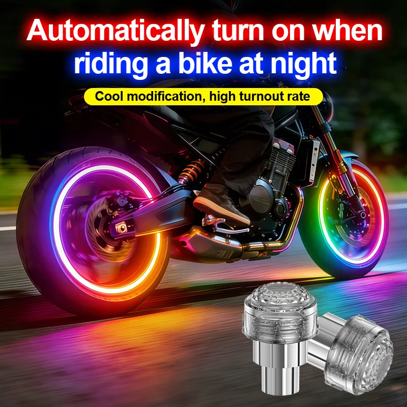 Luz de roda para motocicleta, luz decorativa piscante de sete cores para válvula de pneu de bicicleta elétrica, luz de válvula de carro, luz de roda.