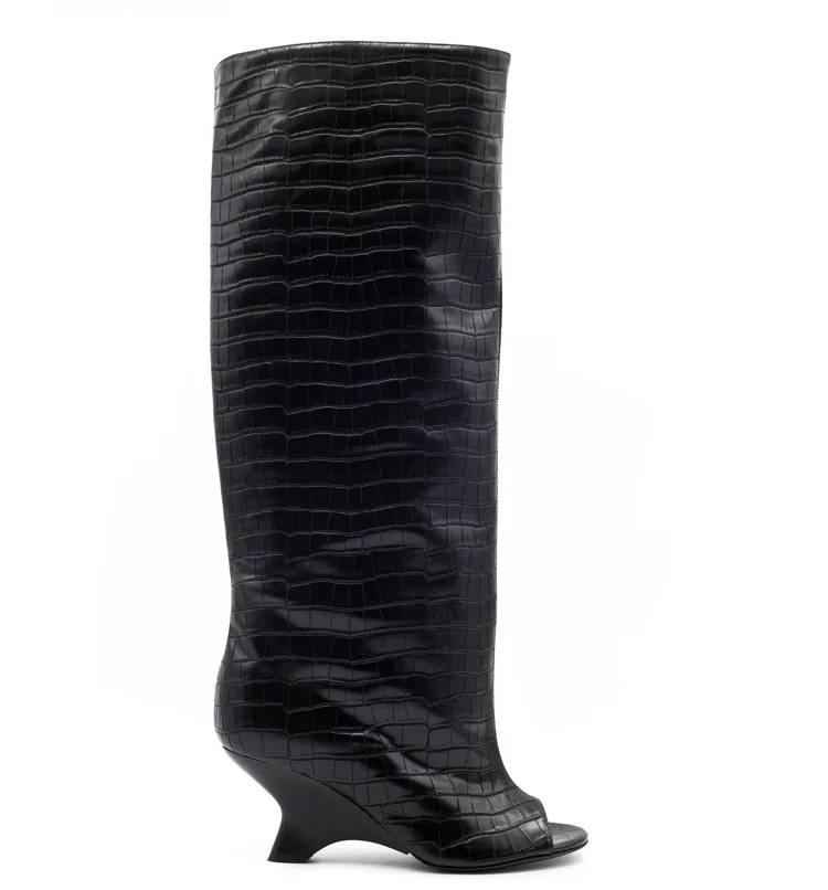 2026 Four Seasons Women's Suede Peep Toe Wedge Thick Heel Knee High Boots Fashion Slouchy Tall Boots Party Club Wedding Shoes image 4