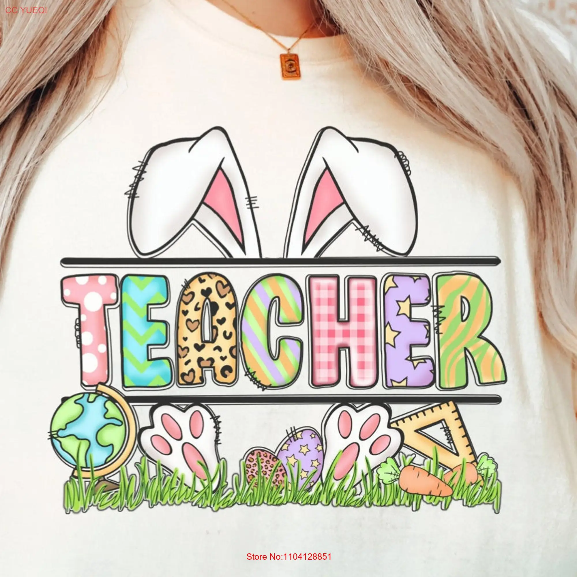 Teacher Easter Bunny Ears Comfort Colors T Shirt Rabbit Cute Happy For long or short sleeves