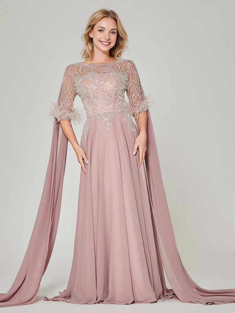 Blinking Bead Cape Sleeves A-Line Chiffon Plus Size Evening Dress for Women Wedding Party