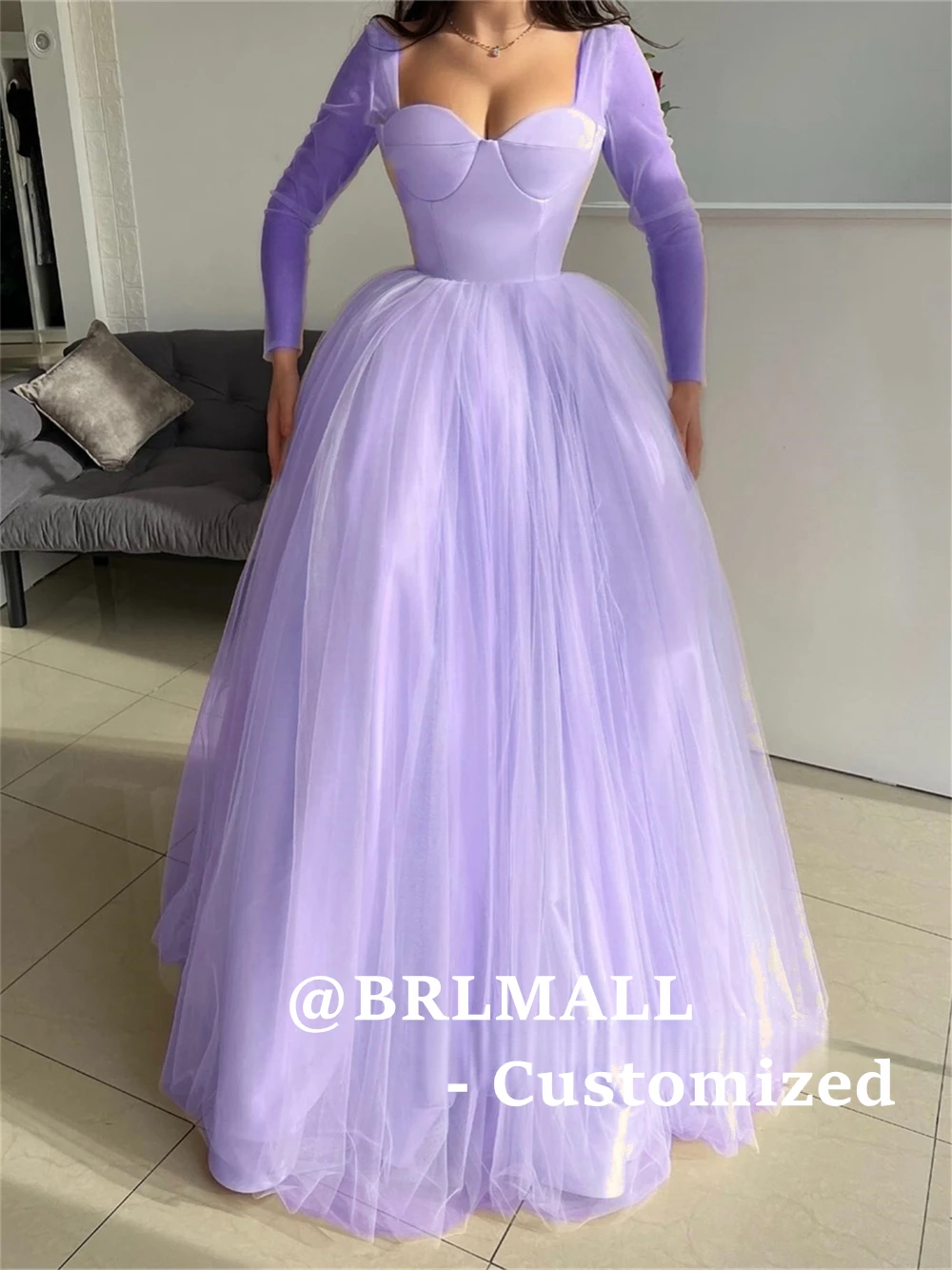 

BRLMALL Sweet Tulle Formal Evening Dress for Women - Full Sleeves Sweetheart Prom Dresses - Customized Solid Party Gowns