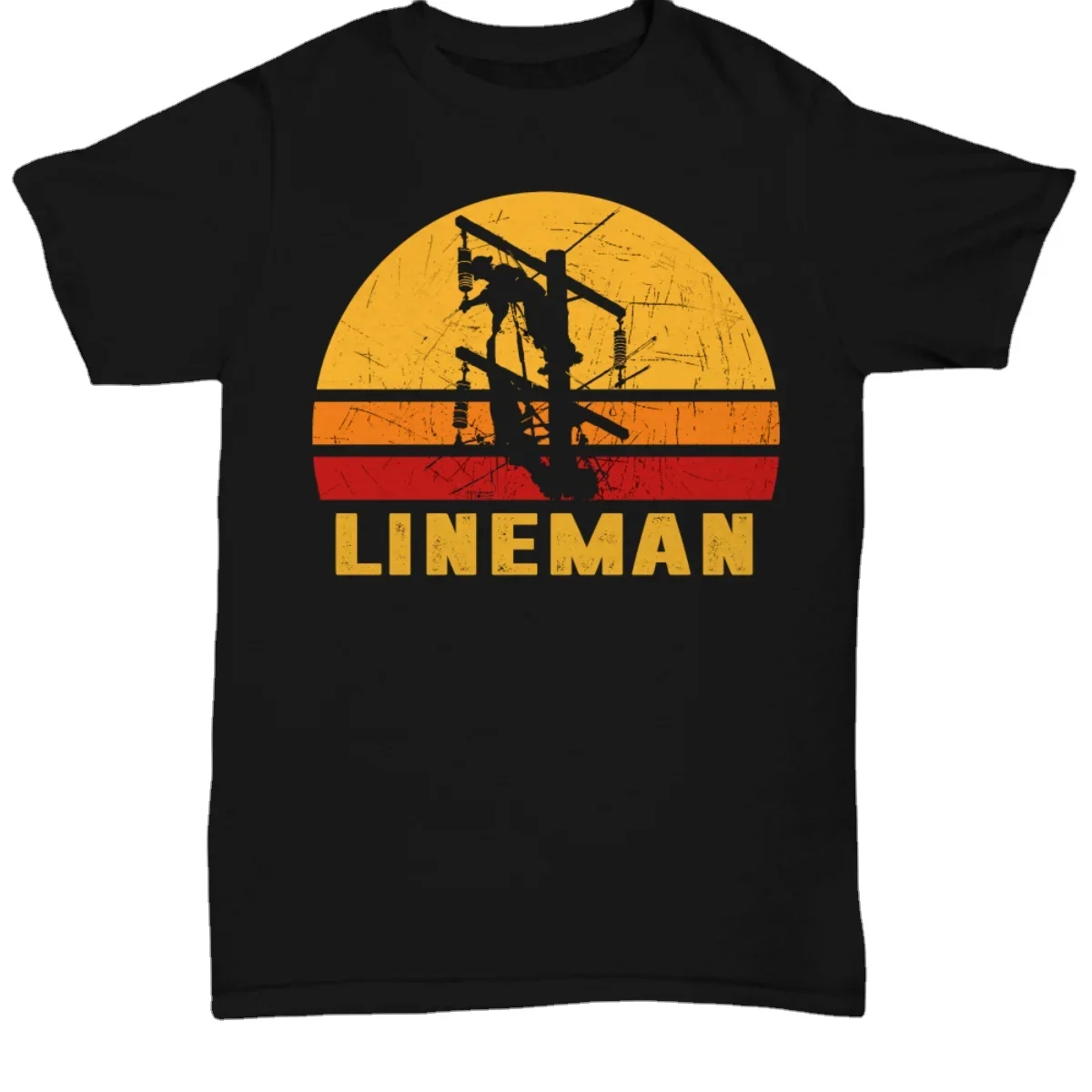 

Power Lineman T-Shirt For Men Electricial Linesman Tee Gift Retro Sunset