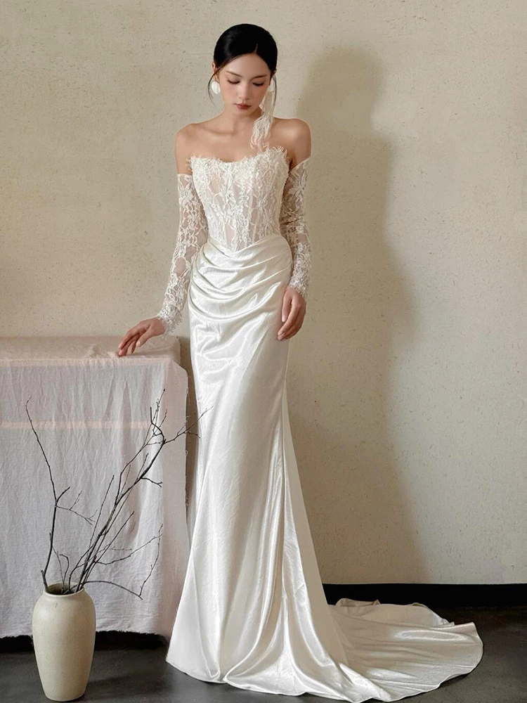 

Свадебное платье в ретро-стиле с кружевом, на бретельках, с длинным шлейфом «рыбий хвост», без рукавов, в пол, для встречи гостей на свадьбе