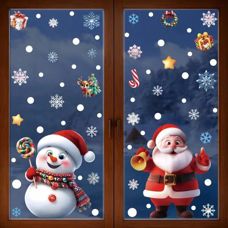 1/2 Pcs Christmas Window Clings With Snowman Santa Snowflake Patterns Removable For Xmas Holiday Party Window Decorations