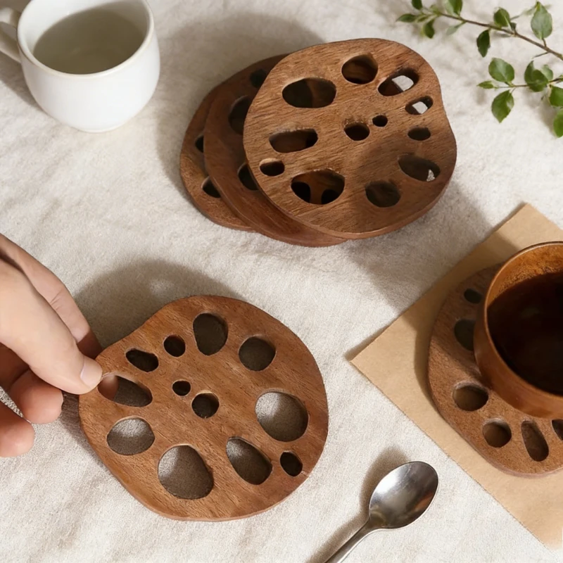Lotus Root Shaped Wooden Coaster Hollow Out Wood Tea Cup Mat Creative Chinese Style Heat Resistant Trivet Retro Table Decor