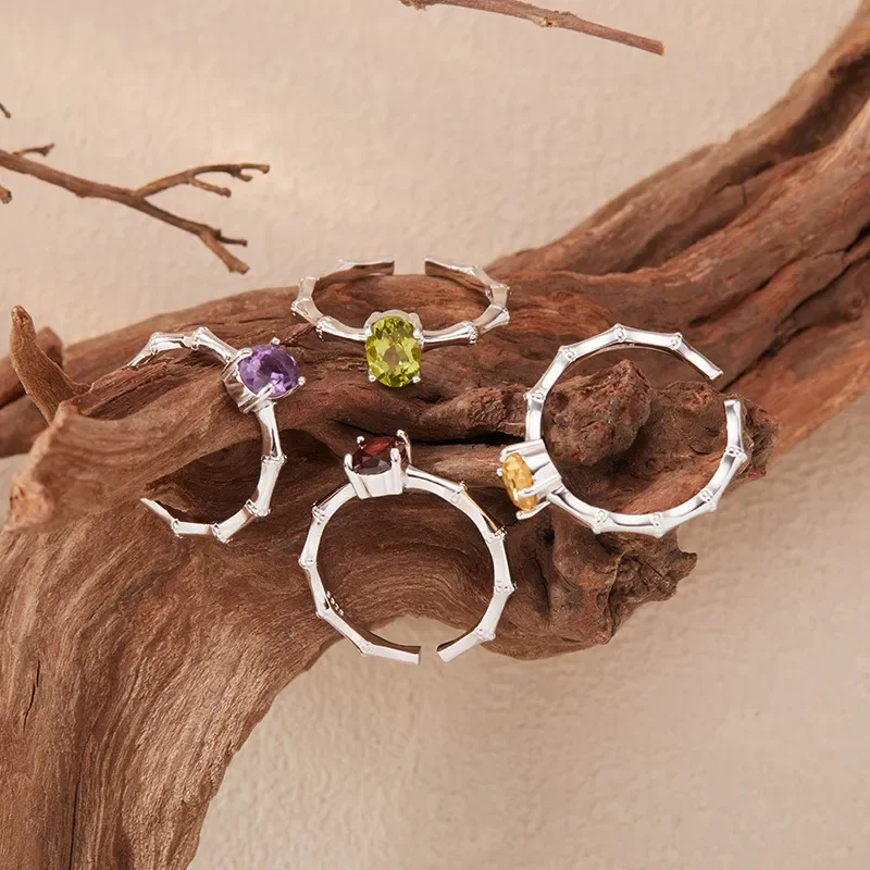 Bamboo design natural citrine amethyst topaz ring women's s925 silver colored treasure open ring live stream new model