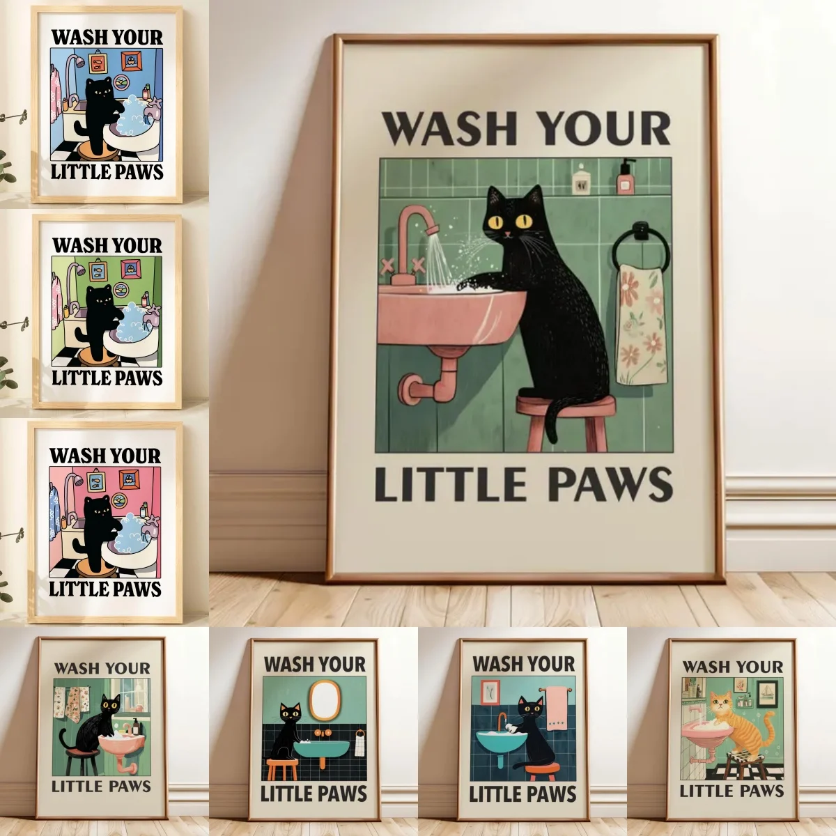 „Wash Your Paws“ Katze Illustration Leinwanddrucke Poster Moderne lustige Tierkunstdrucke Waschraum Badezimmer Home Decor Kunstposter