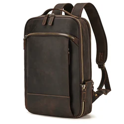 Mochila Vintage de cuero genuino para hombre, bolsa de viaje para ordenador portátil de 16 pulgadas, bolsa de viaje con cinturón, Bolsa Escolar para equipaje