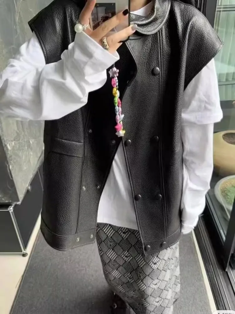 Females Autumn Genuine Leather Vest Loose Fit Double Breasted Sleeveless Outerwear Coats Real Sheepskin Waistcoat Top Quality
