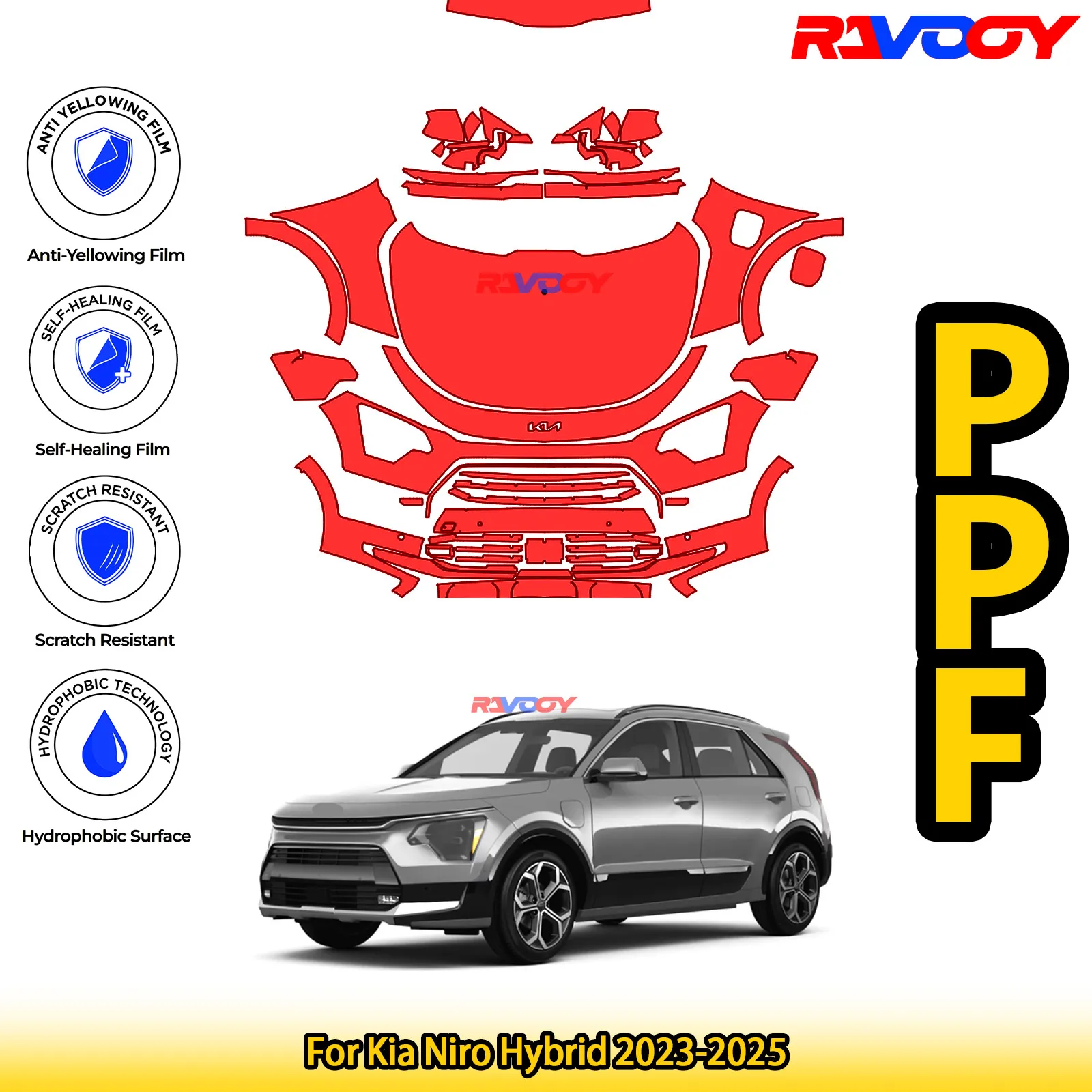 

Для Kia Niro Hybrid 2023-2025 глянцевая матовая черная предварительно вырезанная передняя защитная пленка PPF Kit