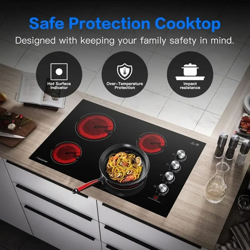30 Inch Built-in Electric Cooktop,7000W and 4 Burners Cooktop with ETL Safety Certified,Knob Control Levels