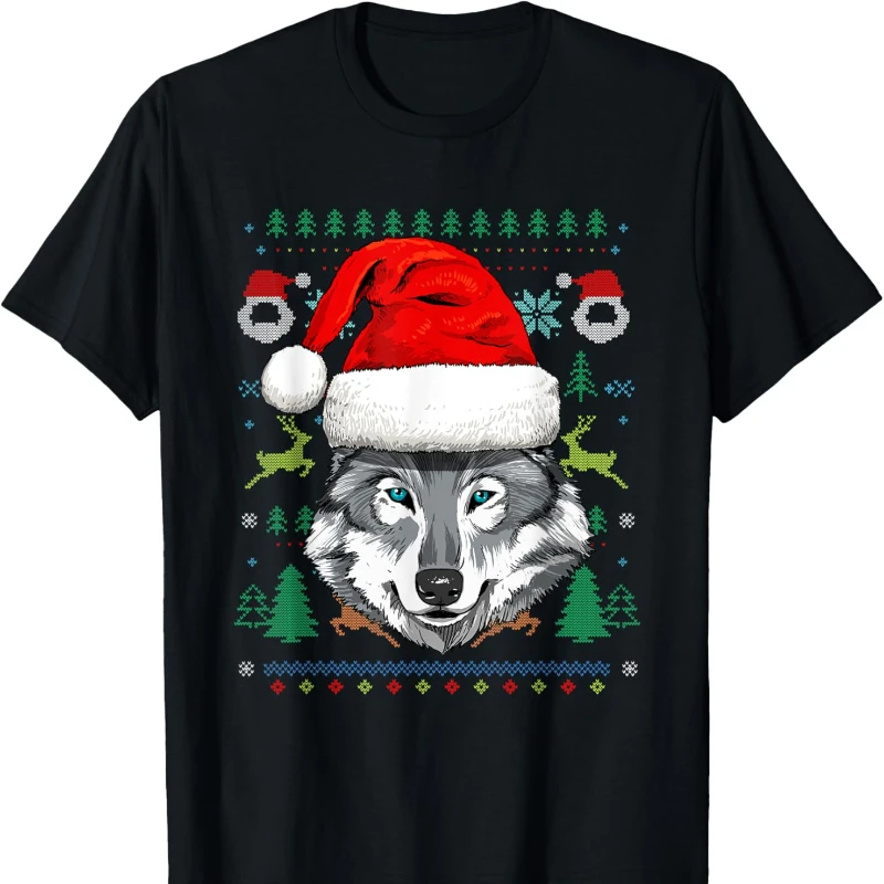 Wolf Head Christmas Wildlife Lover Forest Animal Whisperer Graphic T-Shirt Cool Trending Leisure Regular Short Sleeve Unisex