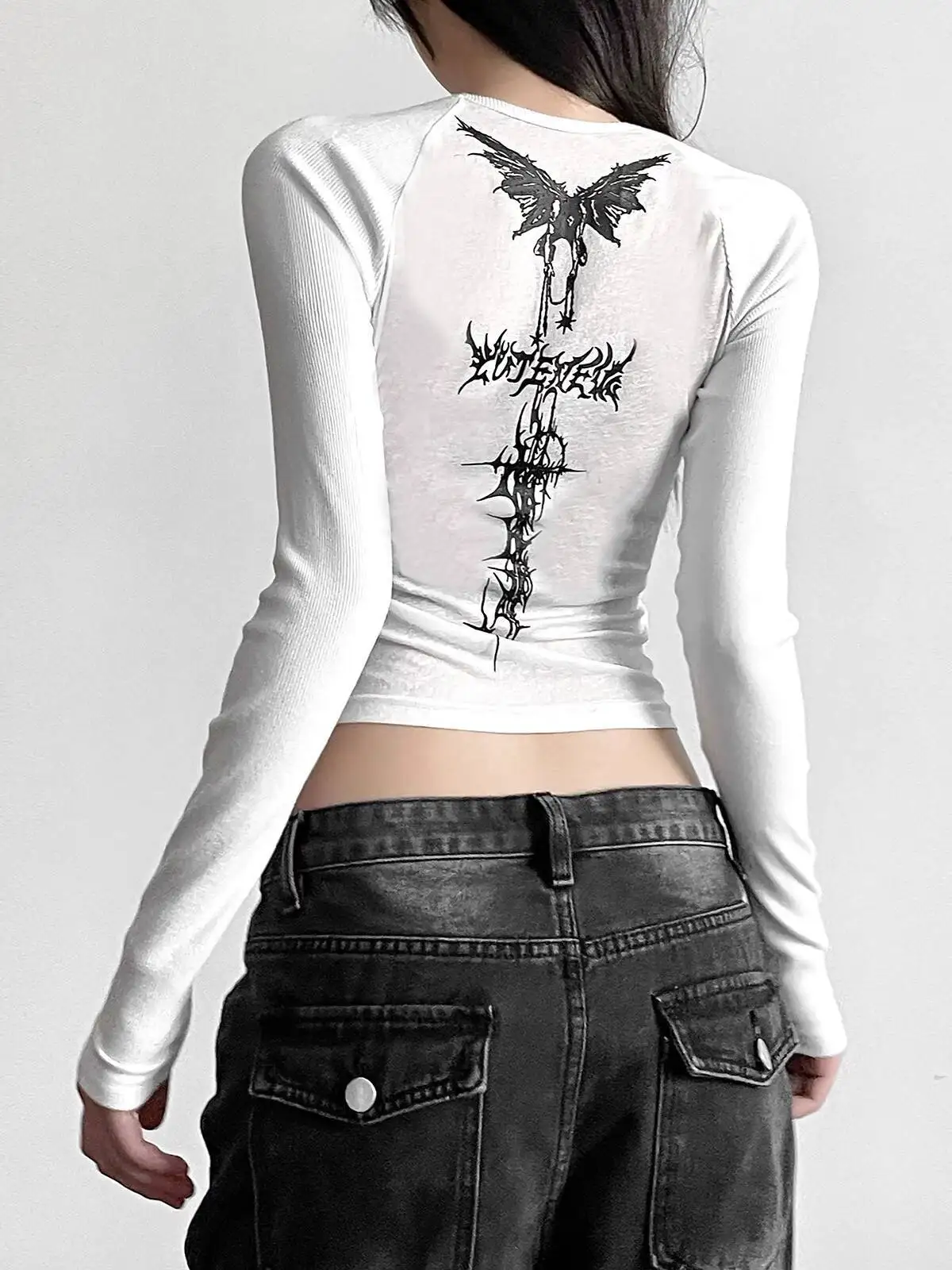 

Women Crop Top Long Sleeve Gothic Punk Cross Print T-shirt 2025 New Women's High Street Design Fitness Outfit T-shirt