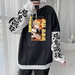 Harajuku Anime Demon Slayer Kyoujurou Rengoku Printed Hoodiess Men Women Patchwork Harajuku Sweatshirt Casual Flece Streetwear