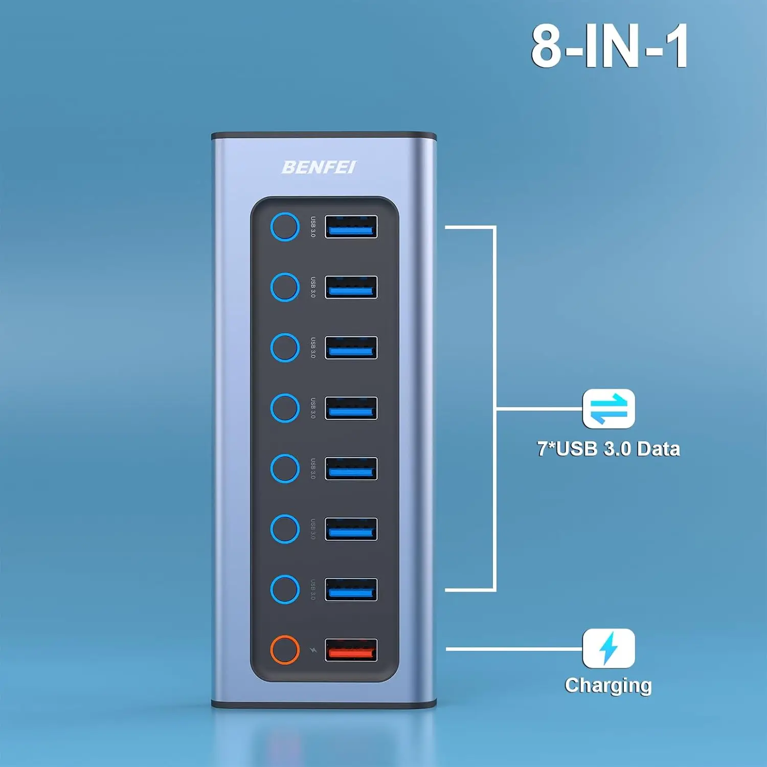 USB Hub with Power Supply, 8-Port USB Splitter Hub 7 Data Transfer Ports 1 Smart Charging Port with Individual On/Off Switches