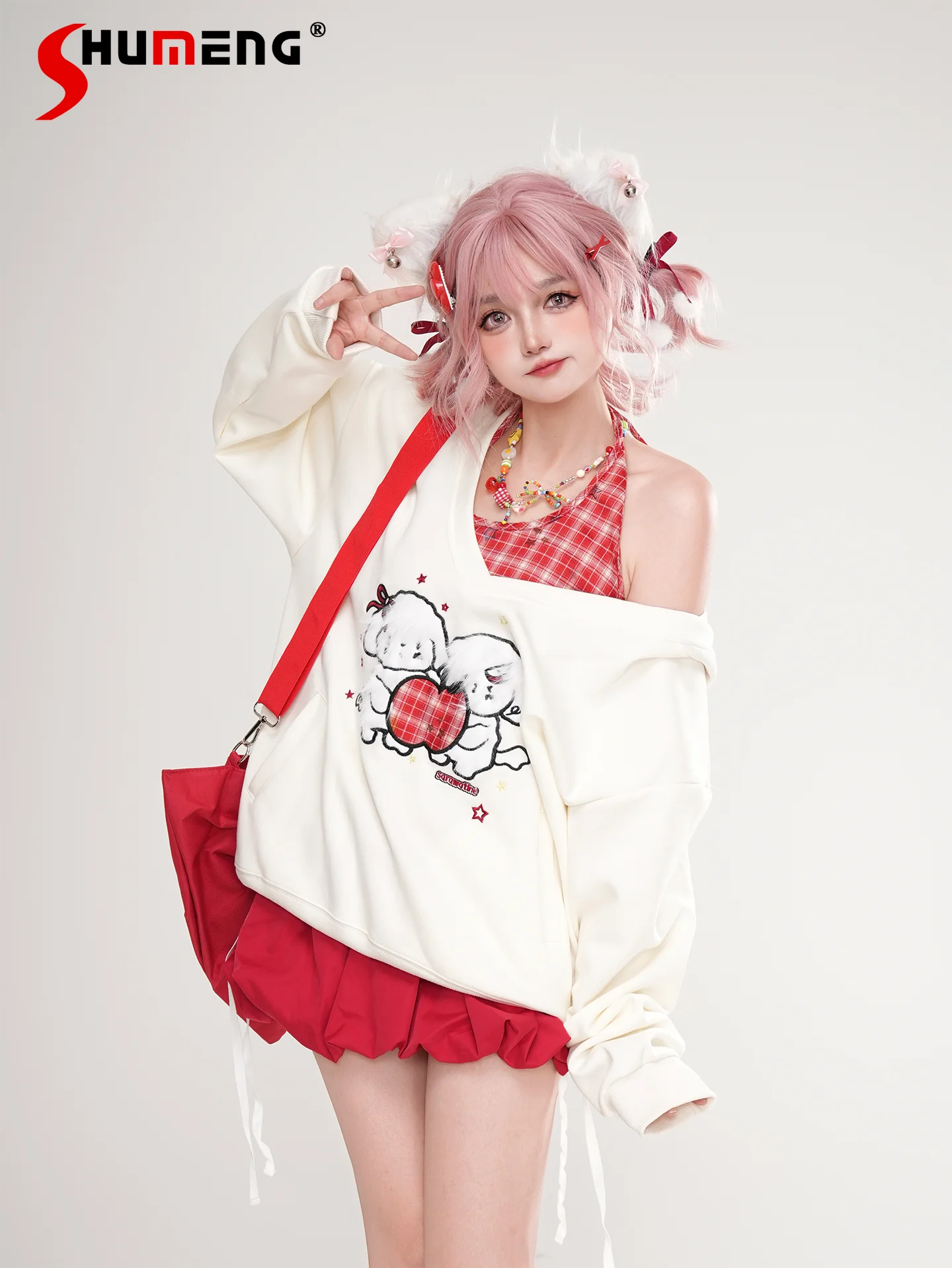 

Модная милая крутая уличная одежда для девочек, клетчатый топ с лямкой на шее Y2K, топ с v-образным вырезом и открытыми плечами, длинными рукавами, милые женские толстовки с вышивкой собаки