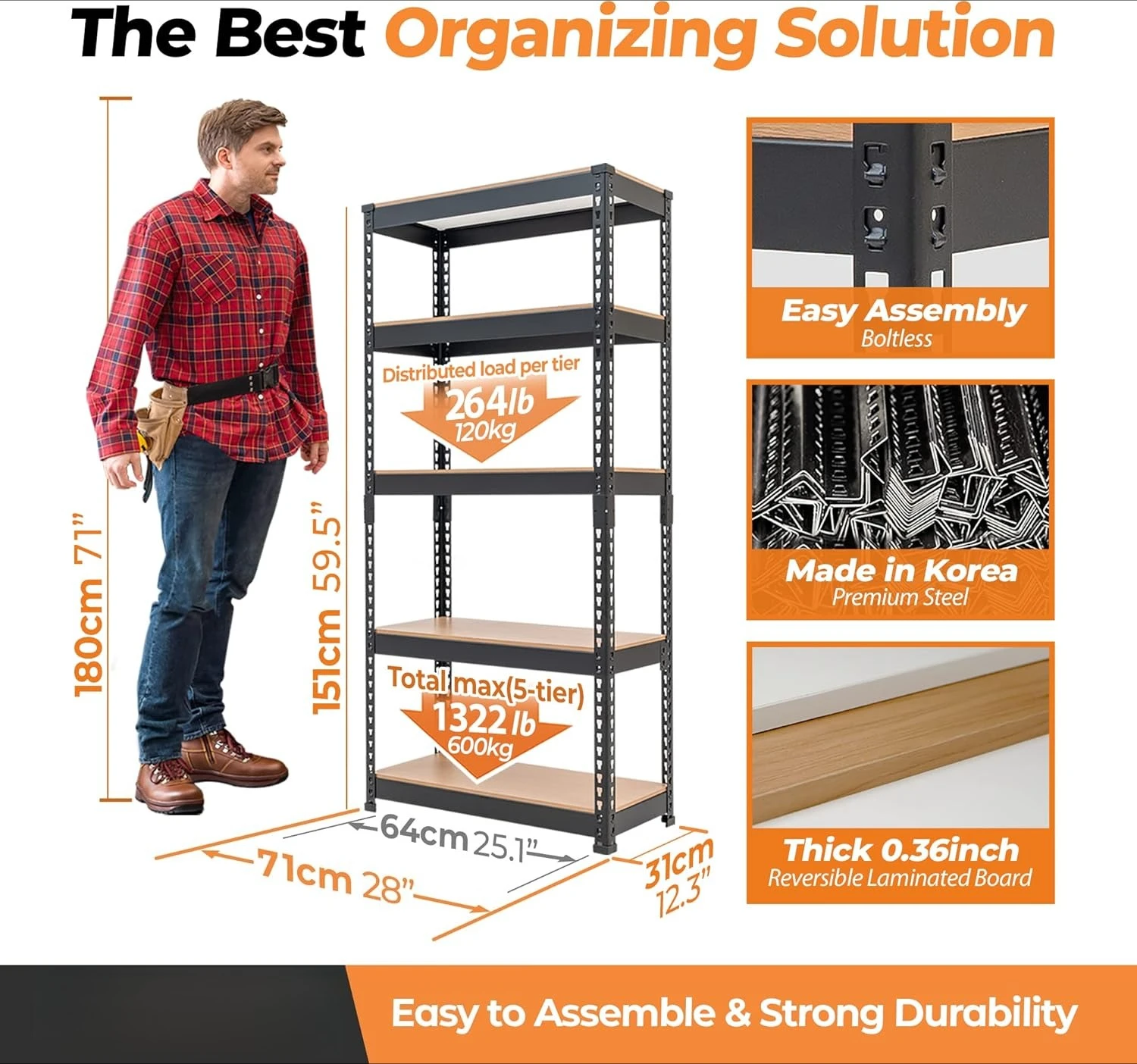 

28"W x12.3"D x 59.5"H 5-tier Boltless Metal Shelving Unit Adjustable Garage Storage Utility Rack Heavy Duty Shelves Organization