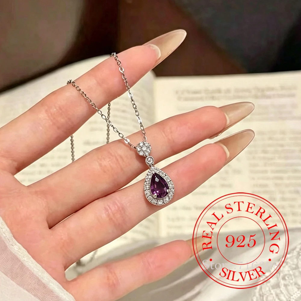 925 Sterling Silver Jewelry Purple Crystal Waterdrop Pendant Necklaces for Women Wedding Party Jewelry for Girls Friends Gift