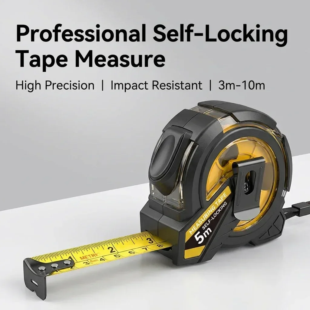 Professional Self-Locking Tape Measure  5m / 10m, High Precision Measuring Tape Black Gold Blade Shockproof ABS Case