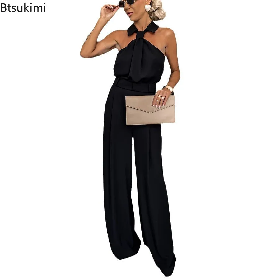 2024 Women Elegant Jumpsuits Fashion Sleeveless High Waist Halter One Piece Wide Leg Pants Summer Casual Vacation Rompers Femme