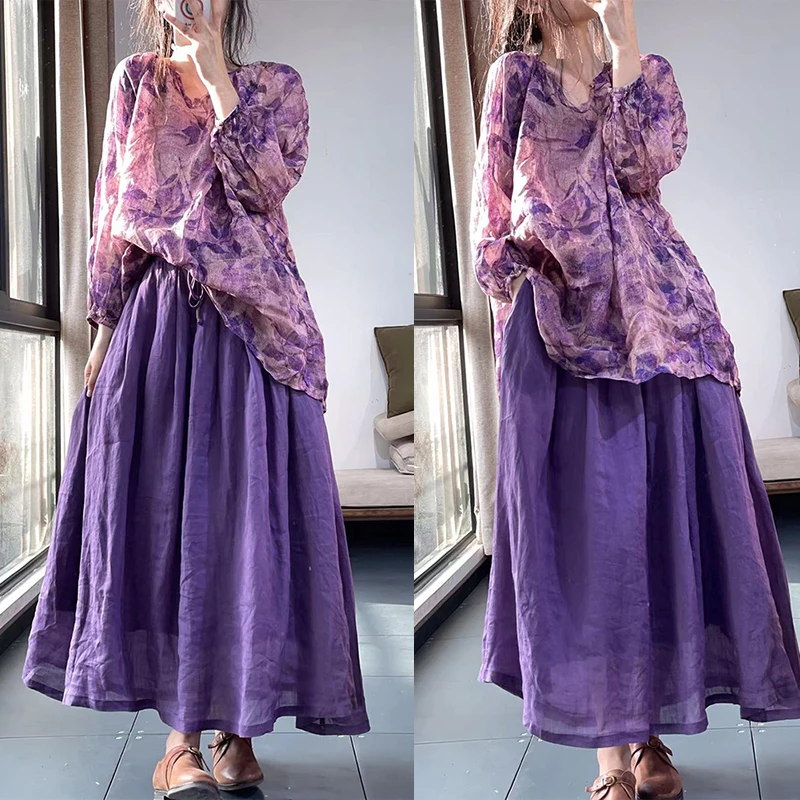 Conjunto de Dos Piezas de Falda Midi y Csa de Lino y Aodón Estampado, Estilo Dulce, Hoado, Manga Larga, Cuello Redondo...