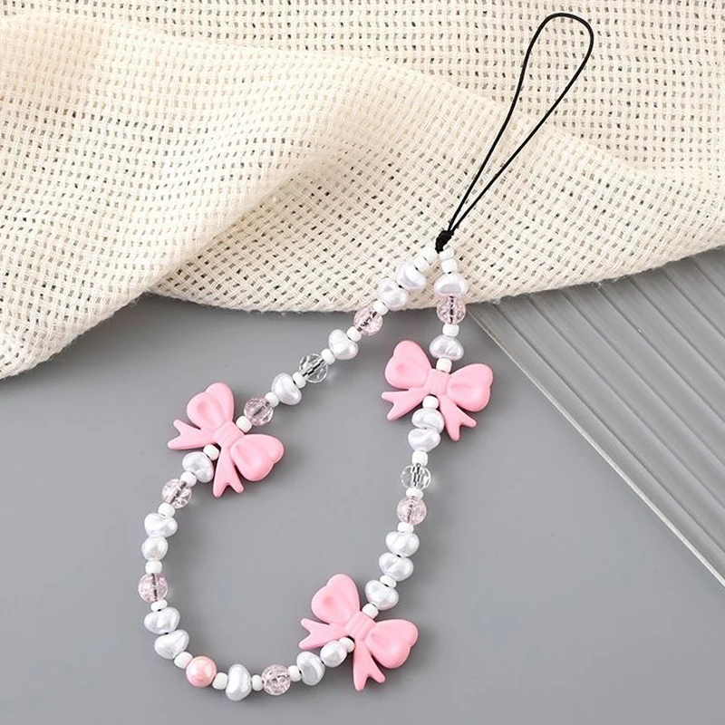 Fresh Bow Anti Drop Wrist Strap Phone Case Rope New Accessories for Women's Gifts Fashion Plush Beaded Love Phone Chain Lanyard