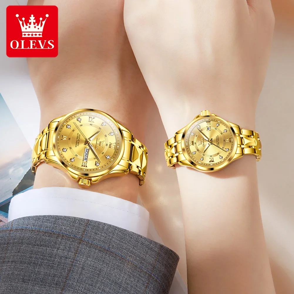 OLEVS-Relógio de quartzo masculino e feminino, par de casal, presente dela, diamante de luxo, aço inoxidável, design de bracelete, amante