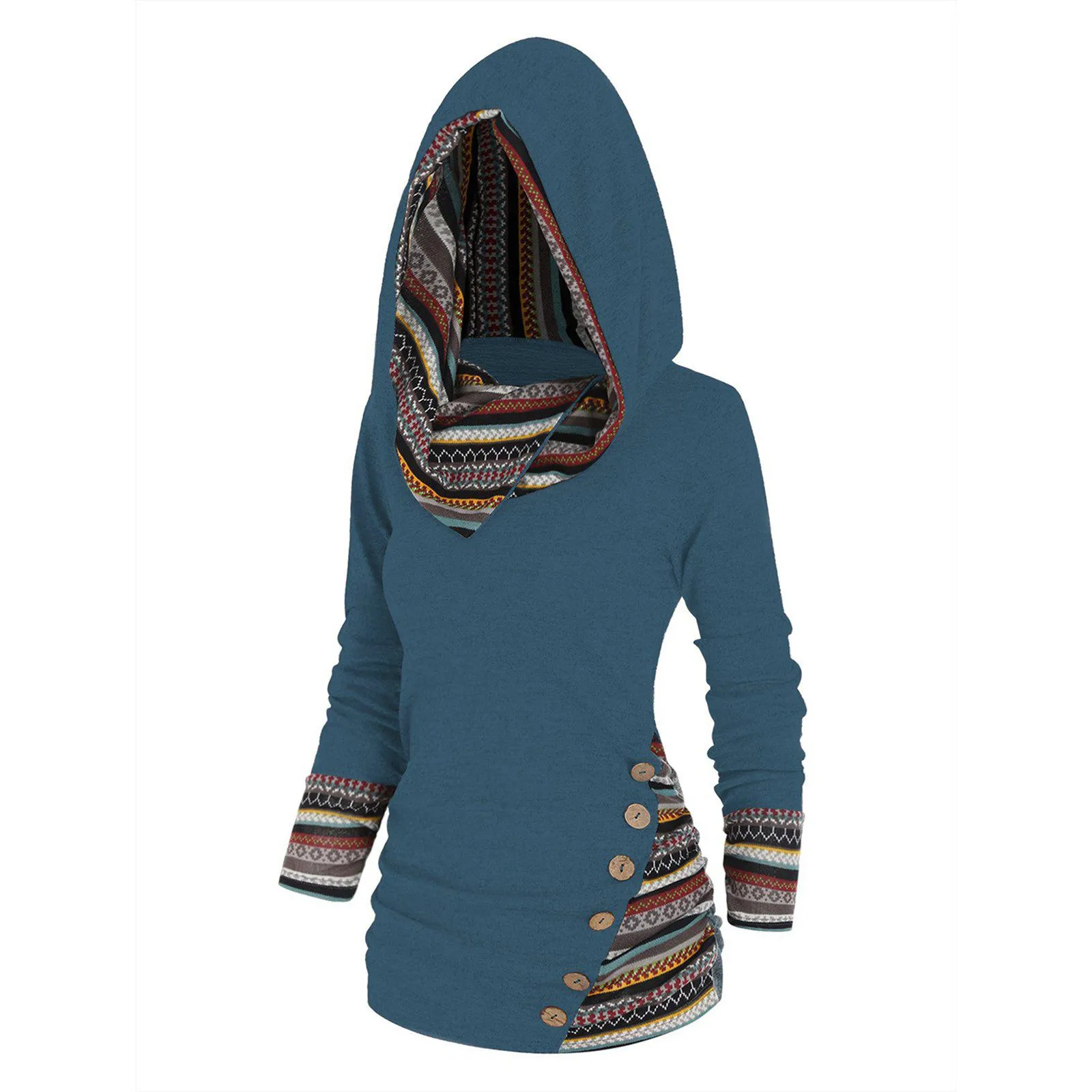 Plus Size Geometric Stripe Panel Hooded Top Long Sleeve Button Top Pullover Tops For Women New Fashion Simple Versatile Clothing