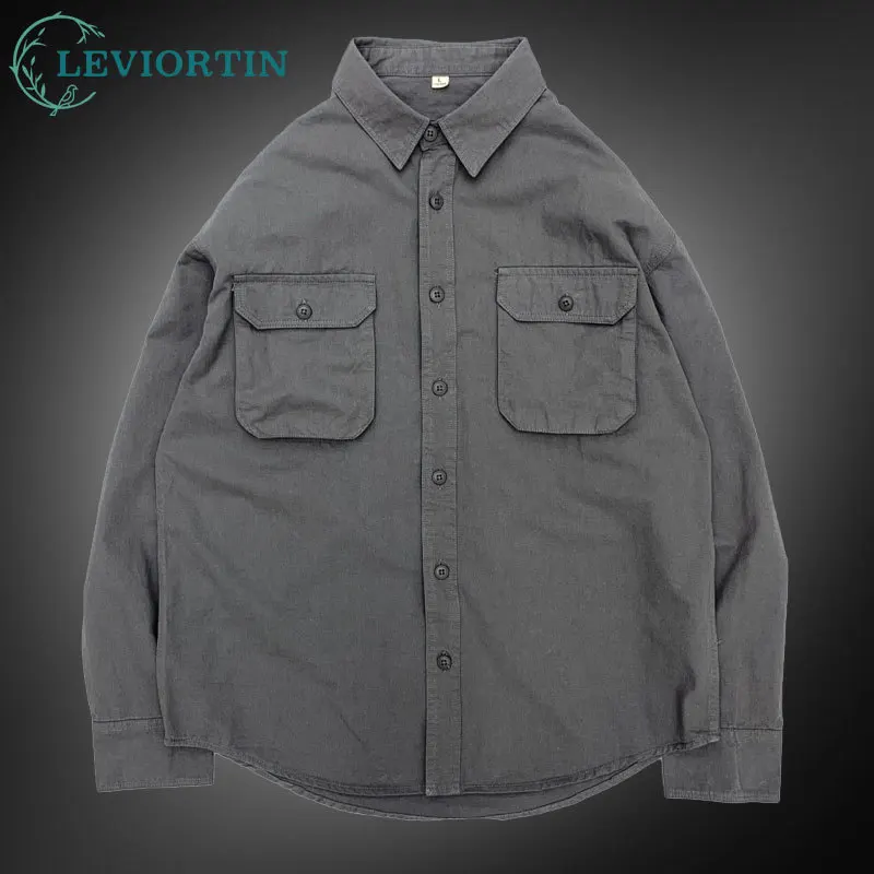 Men's Vintage Workwear Shirt Amekaji Outdoor Cotton Long Sleeve Loose Fit Casual Button-Down Cargo Shirt With Chest 3D Pockets