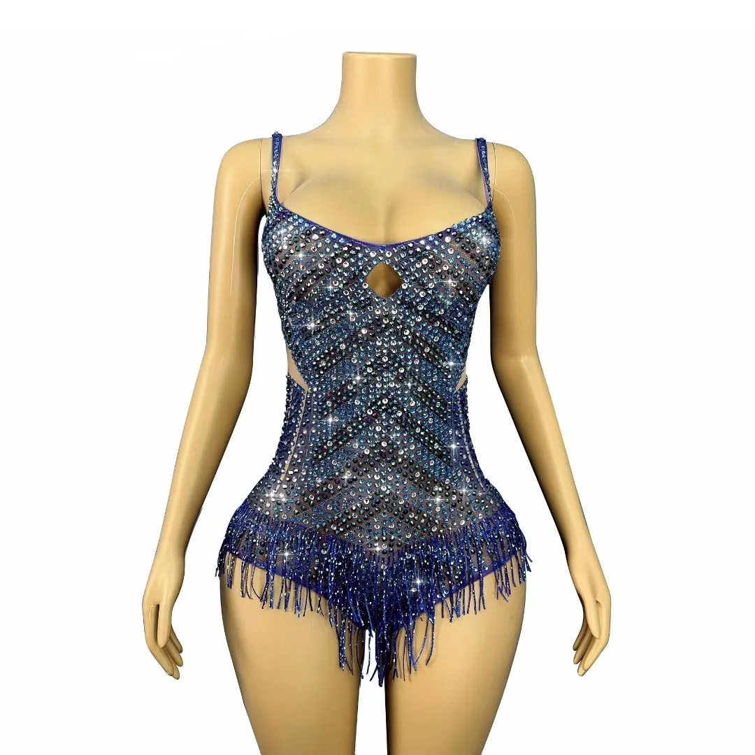 

Blue Sparkly Rhinestones Tassel Mesh Bodysuit Rhythmic Gymnastics Leotards Glitter Sports Dance Dress Nightbar Dj Gogo Dress
