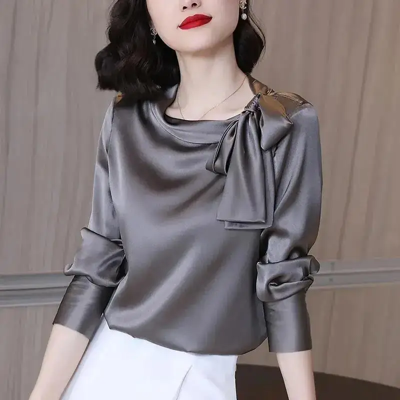 Spring Autumn Fashion Satin Elegant Chic Bow Lace Up Design Office Lady Shirt Solid Loose Long Sleeve Blouse Top Women Blusas