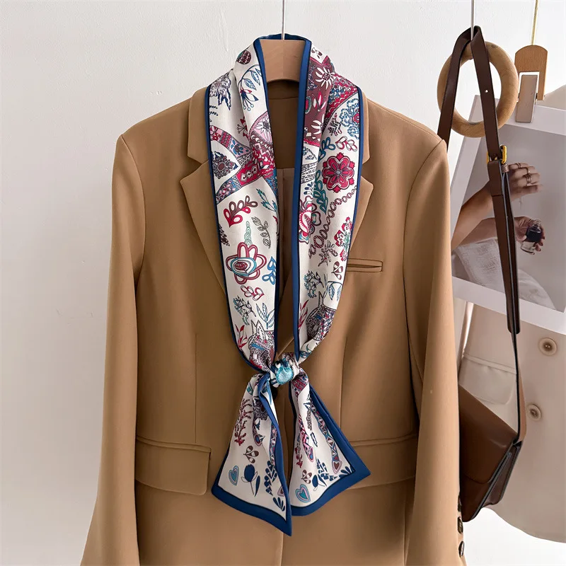 

Женский атласный винтажный шарф с принтом, шаль, модные роскошные длинные узкие маленькие шарфы, женская повязка на голову, платок