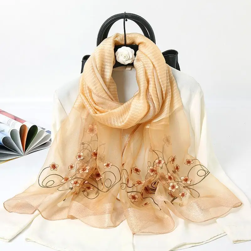 2023 Autumn New Mulberry Silk Scarf Embroidered Silk Embroidered Scarf Silk Wool Blend Scarf Women's Shawl