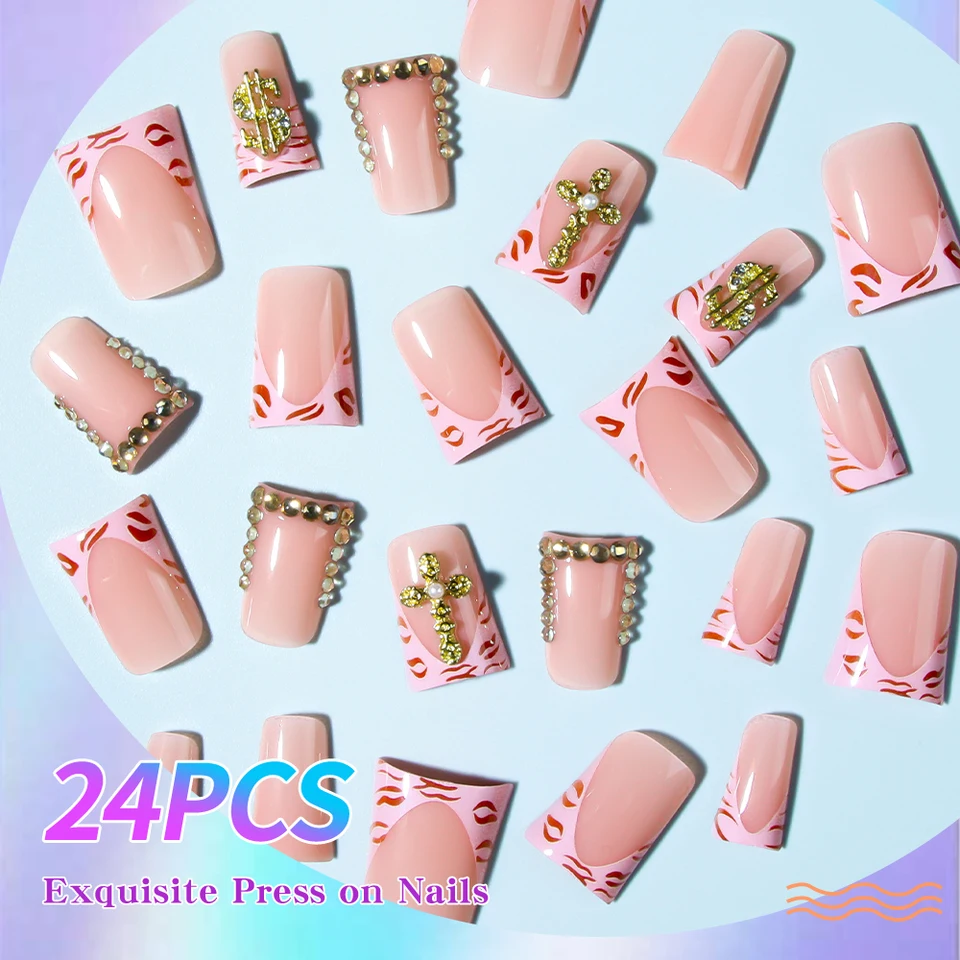 Mejora tu look con 24 uñas Y2K largas tipo pico con cruz 3D y decoración de strass, diseño de punta francesa, uñas postizas largas 4