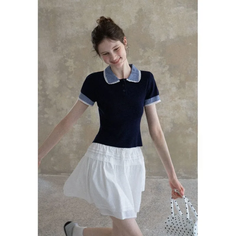 

Women's 2-Piece Outfit Navy Blue Knit Polo Top White Ruffled Mini Skirt Set
