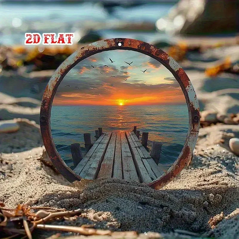 2D Flat, [JIT]2D Flat 1pc Sea Sunset Round Aluminum Sign, Viewing Through Porthole Metal Tin Sign- Bird Style Metal Wall Art, Ob
