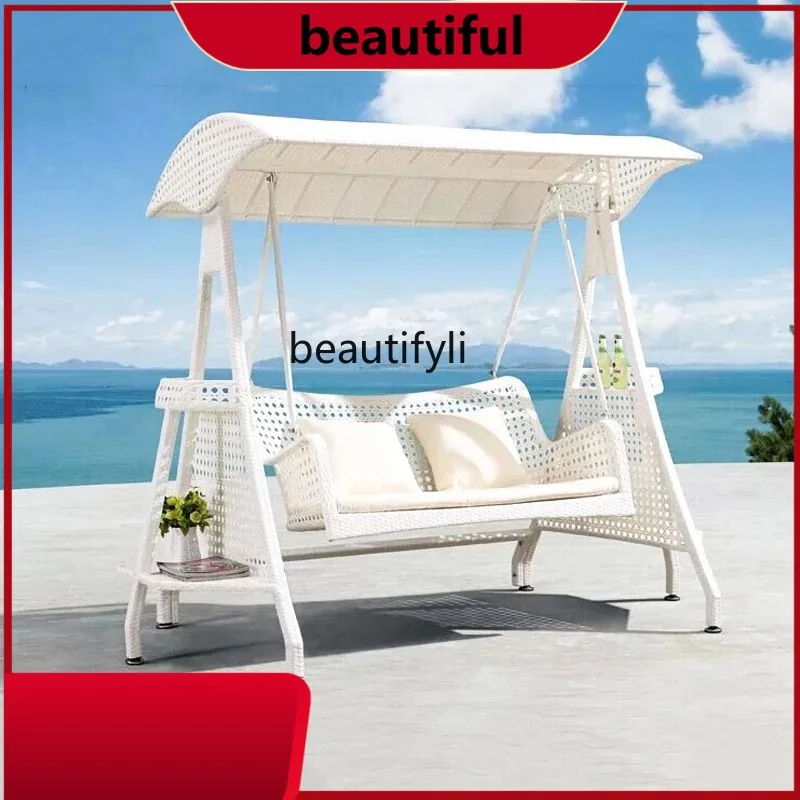

Outdoor Courtyard Rattan-like Iron Swing Rocking Chair Glider Double Three-Seat Rattan Chair Terrace h